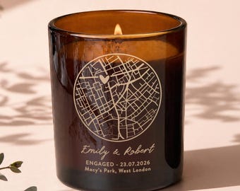 Personalised Engagement Candle Gift: Engraved Map, Names & Date