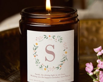 Personalised Initial Candle: Flower Wreath, Scented Soy Wax Birthday Gift