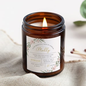 Personalised Maid of Honour Candle Gift: Soy Wax Apothecary Jar, Peony Label
