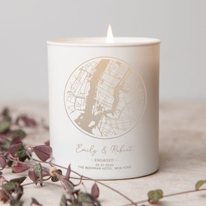 Personalised Engagement Gift for Couple, Engraved Map Engagement Gift, Engagement Candle image 1