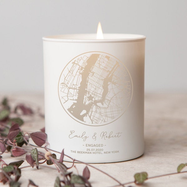 Personalised Engagement Gift for Couple, Engraved Map Engagement Gift, Engagement Candle