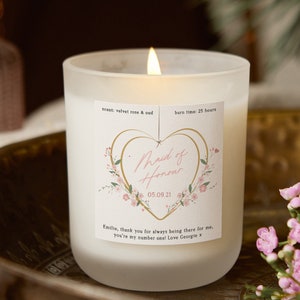 Maid of Honour Gift Candle Floral Heart - Frosted Glass Scented Candle - Personalised Gifts