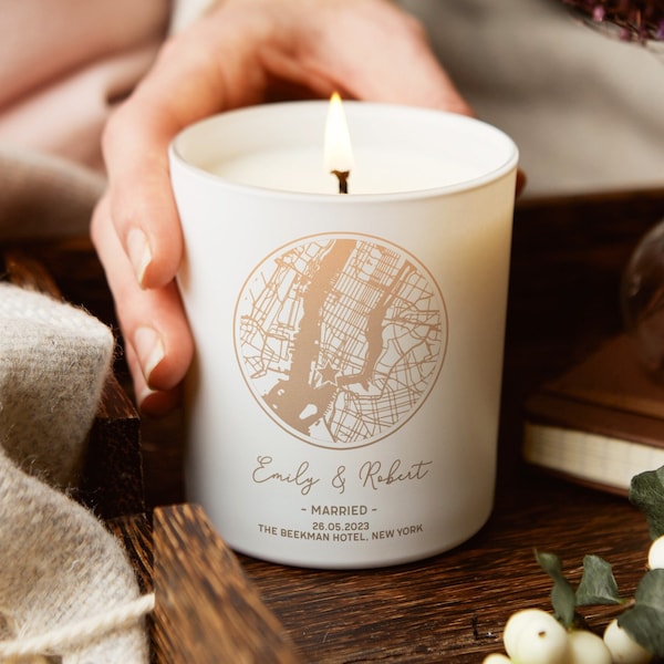 Personalised Wedding Map Candle Gift: Engraved Names & Date