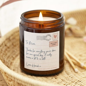 Vela con carta de regalo para la madre de la novia, vela personalizada para la madre de la novia, vela perfumada de boticario