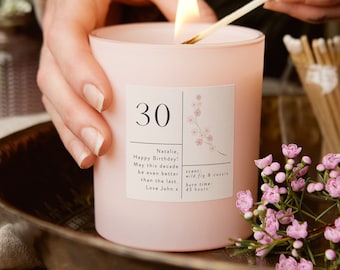 30th Birthday Gift Personalised Pink Floral Candle, Birthday Gift for Friend, Birthday Gift for Her