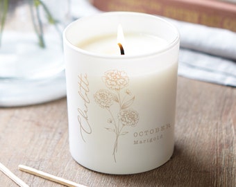 Personalised Birth Flower Candle: Engraved Scented Candle, Birthday Gift