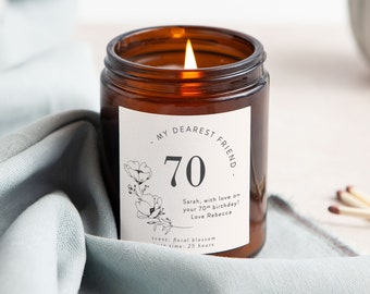 Personalised 70th Birthday Candle Gift: Floral Soy Wax, Custom Message