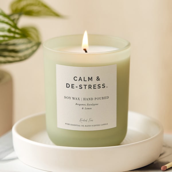 Essential Oils Aromatherapy Candles - Sleep, De-stress, Happiness, Focus, Energy - Green Glass Candle