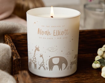 Personalised New Baby Keepsake Candle: Illustrated Animals, Soy Wax