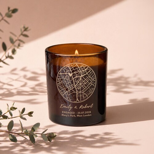 Personalised Engagement Candle Gift: Engraved Map, Names & Date