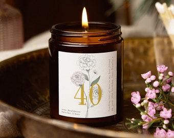 40th Birthday Gift Floral Personalised Candle, Birthday Gift for Friend, Birthday Gift for Her