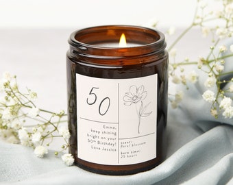 50th Birthday Gift Floral Personalised Candle, Birthday Gift for Friend, Birthday Gift for Her