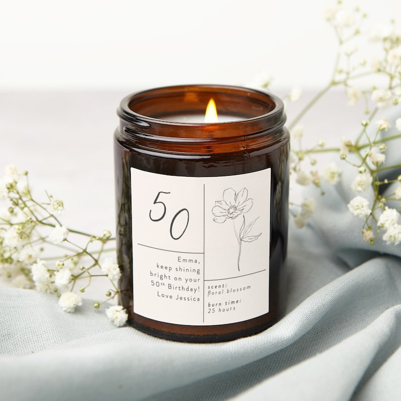 50th Birthday Gift Floral Personalised Candle