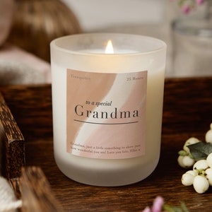 Personalised Grandma Candle: Frosted Soy Wax, Rustic Painted Label