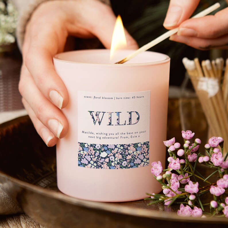 Any Word Gift Personalised Gift For Friend Floral Pink Scented Candle image 1