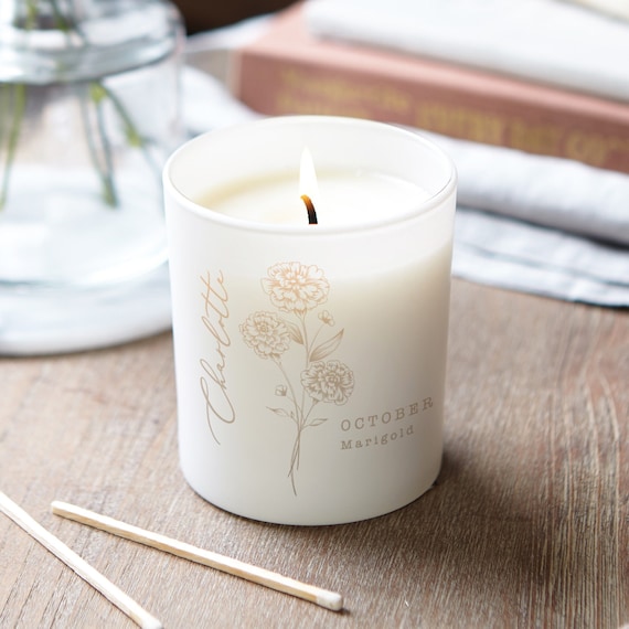 Personalised Birth Flower Candle: Engraved Scented Candle, Birthday Gift