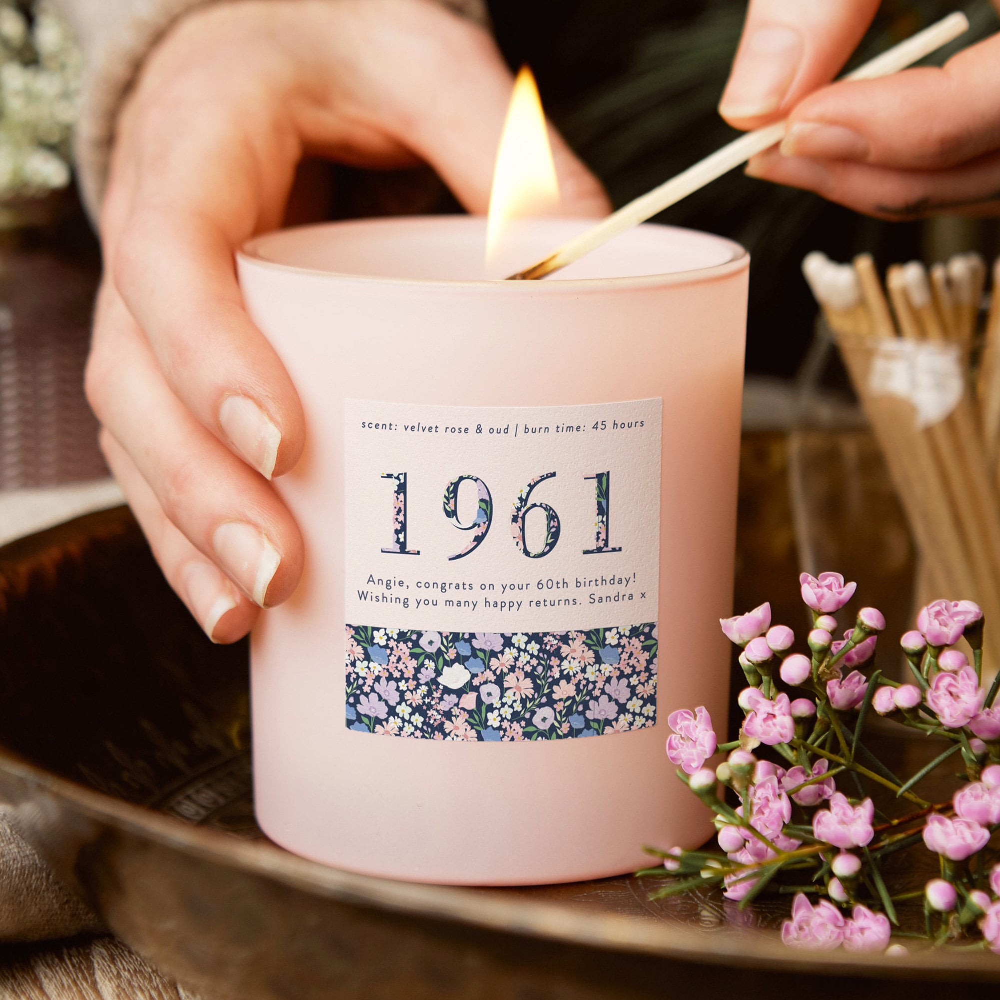 60th Birthday Candle Gift: Personalised Pink Floral Scented Candle