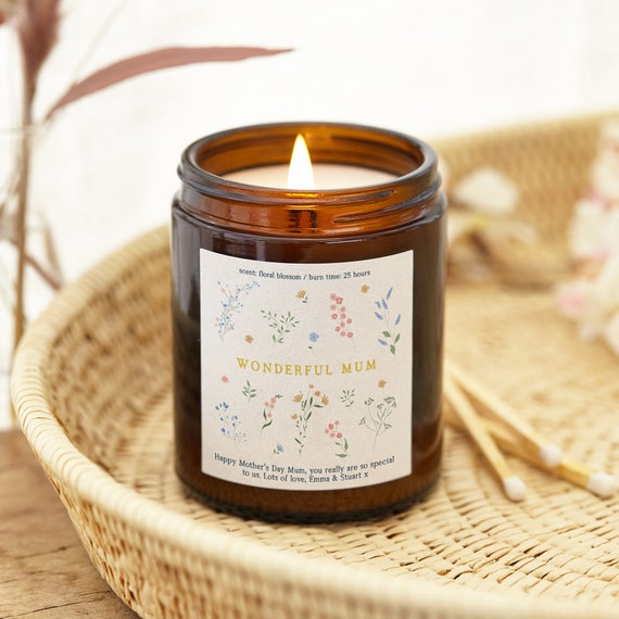 Personalised Mother's Day Candle: Scented Soy Wax, Wildflower Label