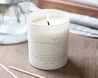 70th Birthday Gift: Engraved Scented Candle for Her - Personalised Keepsake