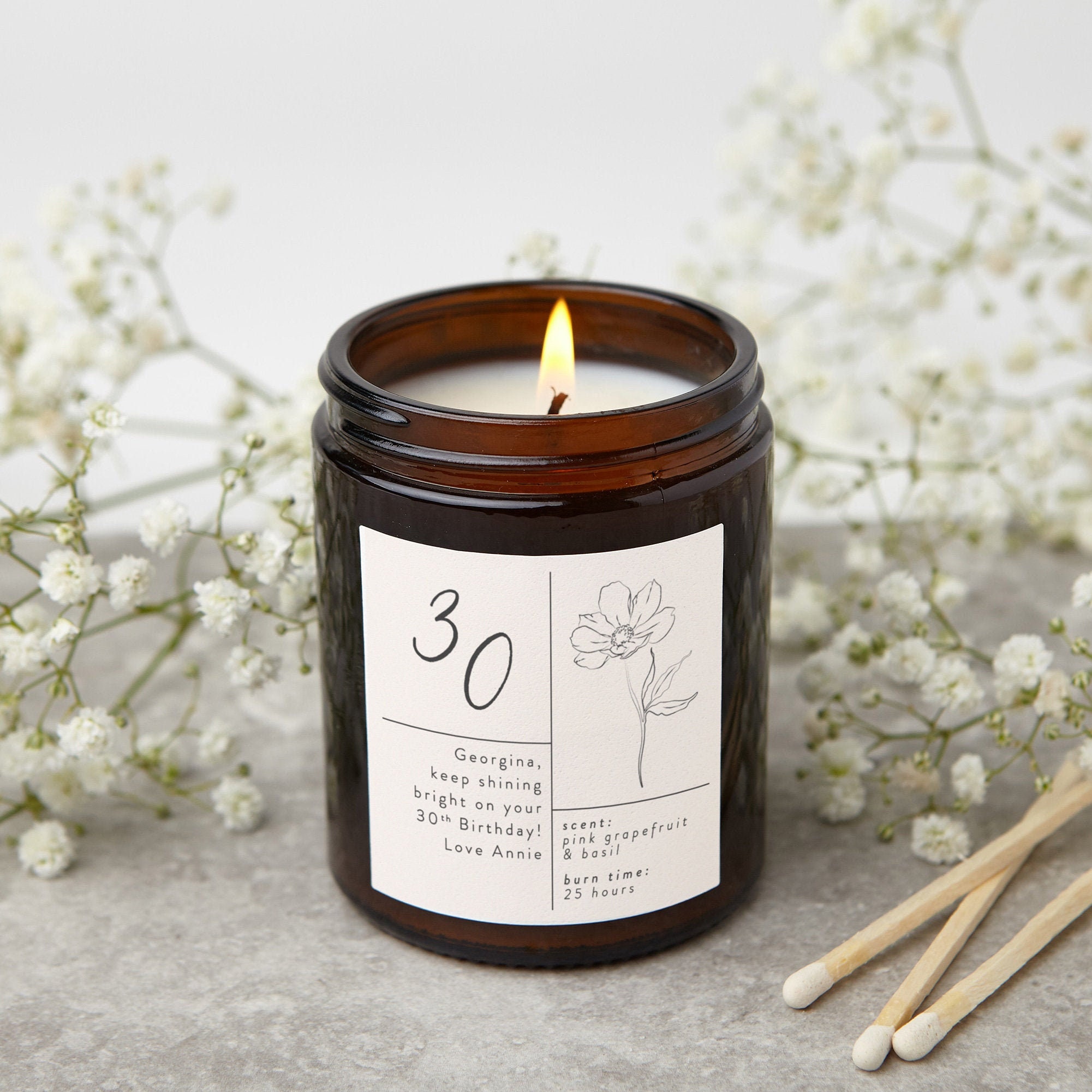 30th Birthday Gift Floral Personalised Candle, Birthday Gift for Friend, Birthday Gift for Her- Personalised Gifts