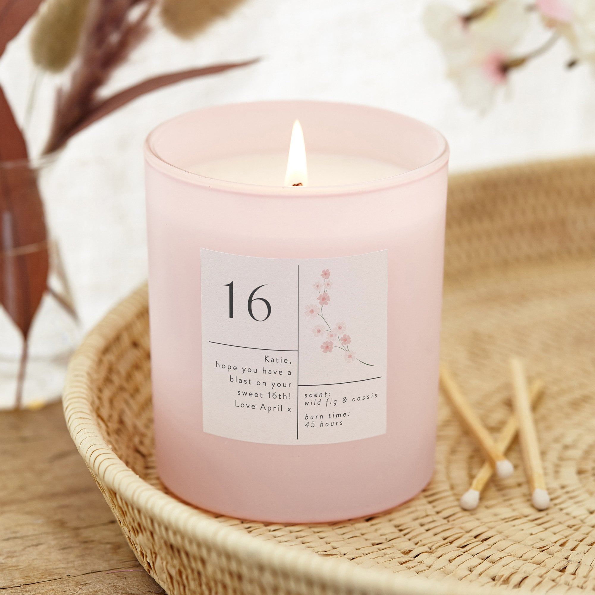 Personalised 16th Birthday Candle Gift: Pink Floral, Natural Wax