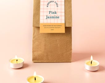 Pink Jasmine Scented Tealights – Hand Poured Soy Wax Tea Lights - Set of 12