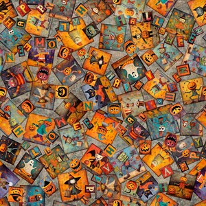 May include: A collage of Halloween-themed illustrations and letter tiles. The artwork features various characters like ghosts, pumpkins, and monsters in vibrant orange, purple, and green hues. The word "HAPPY HALLOWEEN" is spelled out with individual letter tiles scattered throughout the design.