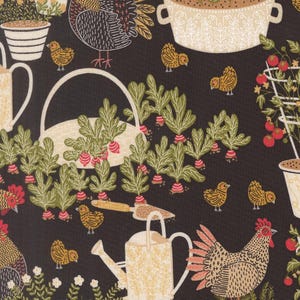 May include: A dark brown fabric featuring a repeating pattern of chickens, small yellow chicks, potted plants, radishes in a basket, a garden trowel, and a cream-colored watering can with a delicate leaf and vine print throughout the design.