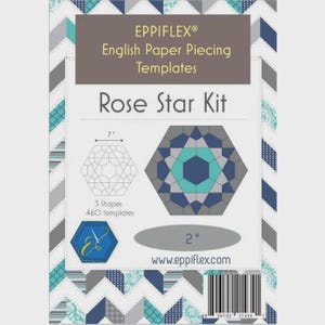 May include: A package for English Paper Piecing templates, labeled "Rose Star Kit." The design includes a geometric star pattern with teal, gray, and navy blue shapes. The package includes 3 shapes and 460 templates, with a 2-inch measurement.