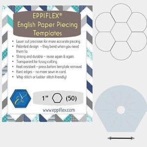 May include: A set of English paper piecing templates for quilting. The templates are laser cut and made of a clear, durable material. The set includes a 1-inch (2.54 cm) template with a 50-point star design. The templates are heat resistant and can be used again and again.