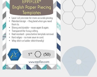 May include: A set of English paper piecing templates for quilting. The templates are laser cut and made of a clear, durable material. The set includes a 1-inch (2.54 cm) template with a 50-point star design. The templates are heat resistant and can be used again and again.