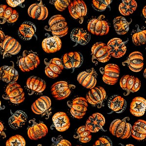 May include: A black background with a repeating pattern of orange pumpkins with intricate designs. The pumpkins have stars, swirls, and other decorative elements.