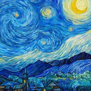 May include: A fabric panel featuring a Starry Night inspired painting with swirling blue and yellow skies, a bright crescent moon, and a village with a church steeple below dark mountains. The text PANEL SIZE 32" x 43" is printed at the top.