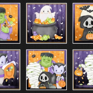 May include: A set of six square illustrations featuring cartoon Halloween characters including a green monster, a white ghost in a cauldron, a skeleton, a vampire, a mummy, and a group scene, all holding orange pumpkin buckets filled with candy.