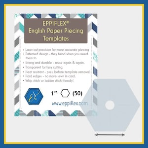 May include: A 1-inch (50) hexagon-shaped English paper piecing template made of clear plastic. The template is designed for use with fussy cutting and has hard edges for easy stitching. The template is part of the EPPIFLEX® brand and is available at www.eppiflex.com.
