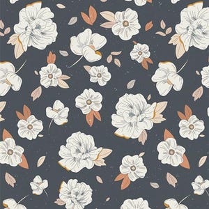 May include: A dark charcoal gray background featuring a repeating pattern of white line-art flowers with soft peach and muted orange leaves. The design includes various sizes of blossoms scattered across the surface with a subtle speckled texture.