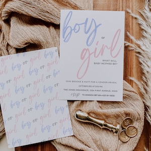 Invito di rivelazione di genere, festa di rivelazione di genere minima, calligrafia, ragazzo o ragazza, rosa o blu, moderno