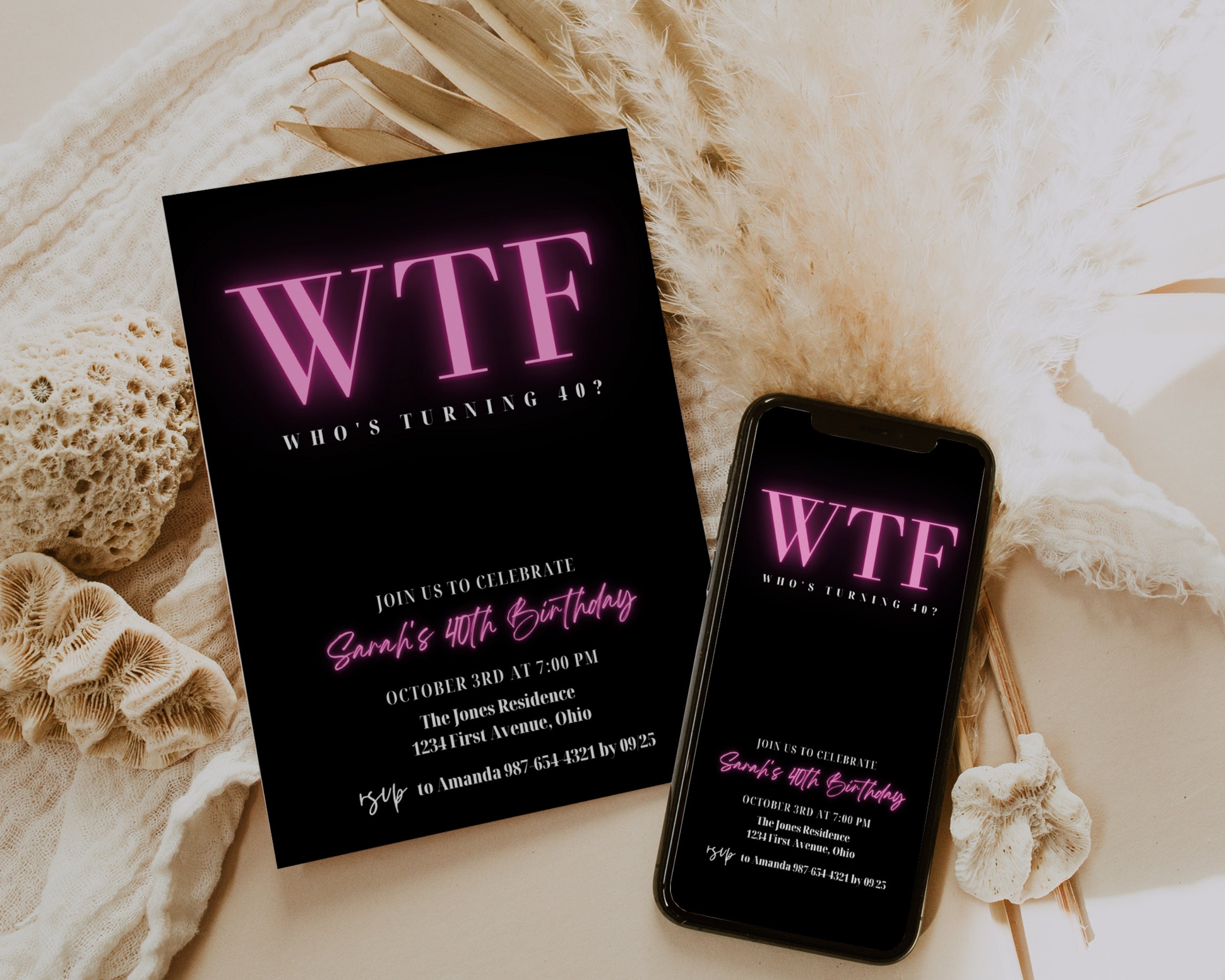 40th Birthday Invitation for Women, 40th Birthday Invitation Digital, Pink Neon, Electronic Invite, Text Invite, Forty and Fabulous
