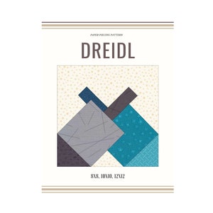 Puede incluir: Patrón de patchwork para un bloque de colcha Dreidel. El bloque está formado por cuatro cuadrados en tonos de gris, turquesa y morado, con un fondo blanco con estrellas doradas. El patrón está disponible en tamaños de 8x8, 10x10 y 12x12 pulgadas.