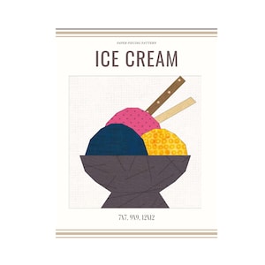 Op de afbeelding: Papier patchwork patroon voor een kleurrijke ijscoupe met drie bollen ijs in een kom. Het patroon omvat de maten 7x7, 9x9 en 12x12 inch.