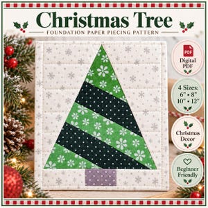 Puede incluir: Un patrón de costura en papel para un bloque de edredón con forma de árbol de Navidad. El diseño presenta un árbol triangular con tiras alternas de tela floral verde y tela de puntos verde oscuro sobre un fondo blanco con copos de nieve y un tronco morado.