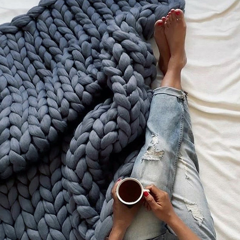 Dark Grey, Chunky Knit Blanket Handmade Knitting Warm Knitting Throw Blanket Handmade Knitting different Dimensions Bild 7