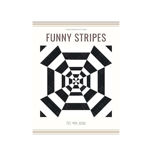 Puede incluir: Un patrón de patchwork de papel en blanco y negro llamado "Funny Stripes". El patrón presenta un diseño geométrico de rayas que crean una ilusión óptica. El patrón está disponible en los tamaños 7x7, 9x9, 12x12.