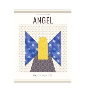 Puede incluir: Patrón de patchwork para un ángel con alas azules, un cuerpo amarillo y una falda gris. El patrón incluye las tallas 6x6, 8x8, 10x10, 12x12.