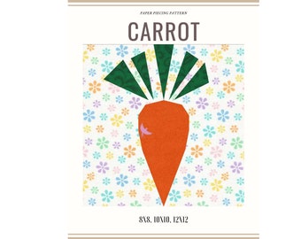 May include: Paper piecing pattern for a carrot with green leaves and an orange body. The pattern is on a white background with a floral design in pastel colors. The pattern is available in sizes 8x8, 10x10, and 12x12 inches.