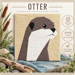 Könnte beinhalten: Ein Foundation-Paper-Piecing-Schnittmuster mit dem Titel OTTER, das einen geometrischen braun-weißen Otterkopf auf beigem Hintergrund zeigt. Das Bild enthält Symbole für ein digitales PDF, drei Größen von 25,4, 38,1 und 50,8 cm und ein Anfänger-Label.