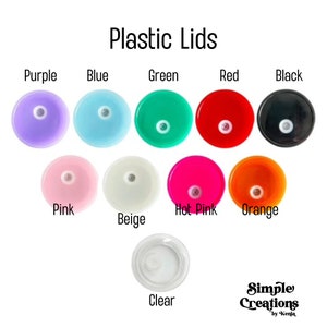 May include: Assortment of plastic lids in various colors, including purple, blue, green, red, black, pink, beige, hot pink, orange, and clear. The lids are arranged in a circle with the text "Plastic Lids" at the top.