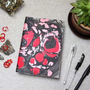 A5 Handmade Mix Media Blank Marbled Sketchbook - Blank Notebooks, Blank Sketchbooks, Pink, Red, Black