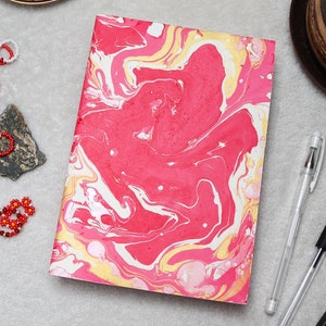 A5 Handmade Mix Media Blank Marbled Sketchbook - Blank Notebooks, Blank Sketchbooks, Pink, Red, Gold
