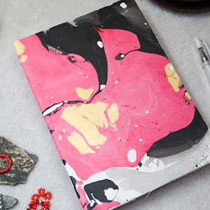 A5 Handmade Mix Media Blank Marbled Sketchbook - Blank Notebooks, Blank Sketchbooks, Pink, Red, Gold, Black